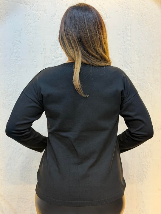 Yılan Derisi Baskılı Triko Bluz Siyah