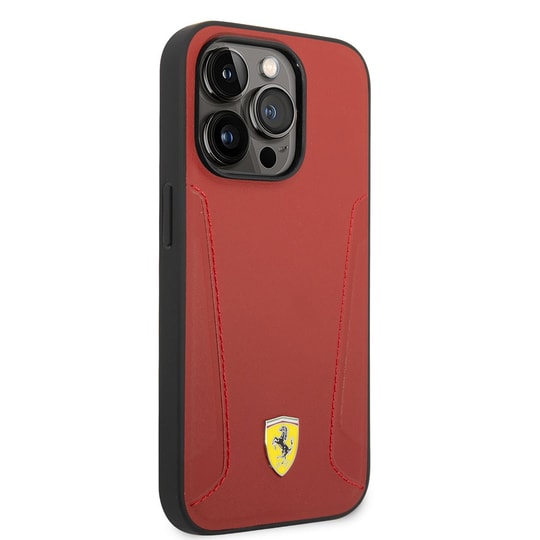 Apple iPhone 14 Pro Kılıf Ferrari M-safe Şarj Özellikli Deri Kenarları Damgalı Dizayn Kapak