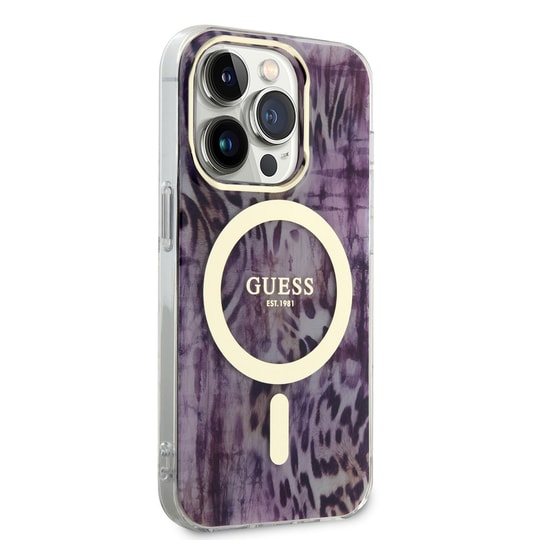 Apple iPhone 14 Pro Kılıf GUESS M-safe Şarj Özellikli Leopar Desenli Kapak