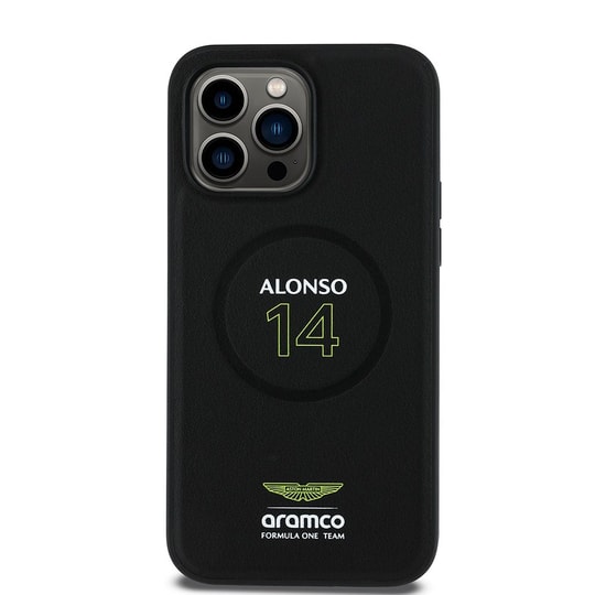 Apple iPhone 14 Pro Max Kılıf Aston Martin Orjinal Lisanslı M-safe Şarj Özellikli PU Deri Alonso 14 Baskılı Kapak
