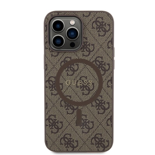 Apple iPhone 14 Pro Max Kılıf Guess Orjinal Lisanslı M-safe Şarj Özellikli PU Halkalı 4G Desenli Yazı Logolu Kapak