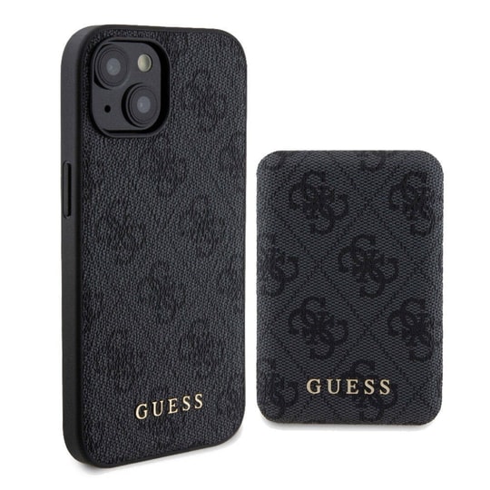 Apple iPhone 15 Kılıf Guess Orjinal Lisanslı M-safe Şarj Özellikli Yazı Logolu 4G Desenli Kapak + Powerbank 5000mAh 2in1 Set