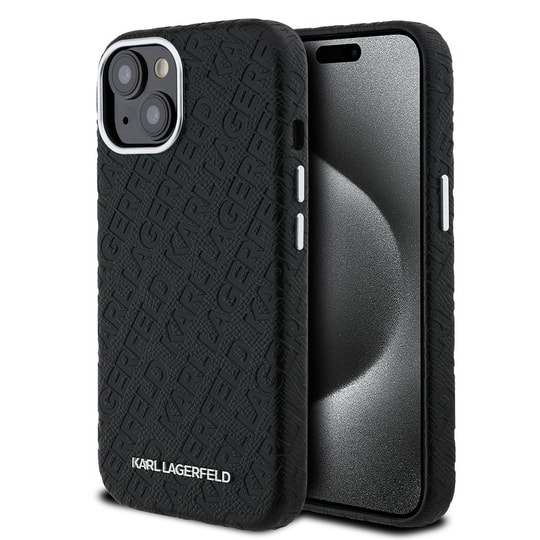 Apple iPhone 15 Kılıf Karl Lagerfeld Orjinal Lisanslı PU Deri Damgalı Metal Yazı Logolu Kapak