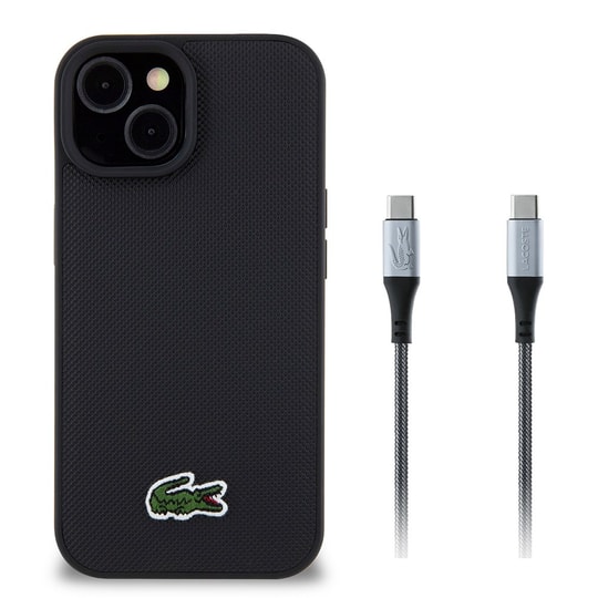 Apple iPhone 15 Kılıf Lacoste Orjinal Lisanslı PU Pike Desenli Arka Yüzey İkonik Timsah Dokuma Logolu Kapak + Type-C Kablo 1.5m