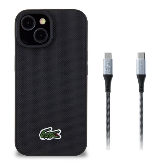Apple iPhone 15 Kılıf Lacoste Orjinal Lisanslı PU Pike Desenli Arka Yüzey İkonik Timsah Dokuma Logolu Kapak + Type-C Kablo 1.5m