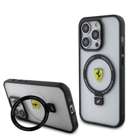 Apple iPhone 15 Pro Kılıf Ferrari M-safe Şarj Özellikli Standlı Buzlu Yüzey Dizayn Kapak