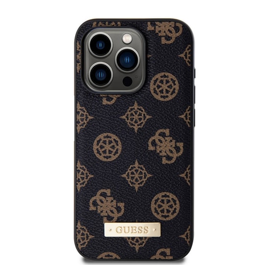 Apple iPhone 15 Pro Kılıf Guess M-safe Şarj Özellikli PU Deri Desenli Metal Plaka Logolu Kapak
