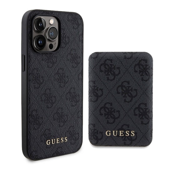 Apple iPhone 15 Pro Kılıf Guess Orjinal Lisanslı M-safe Şarj Özellikli Yazı Logolu 4G Desenli Kapak + Powerbank 5000mAh 2in1 Set