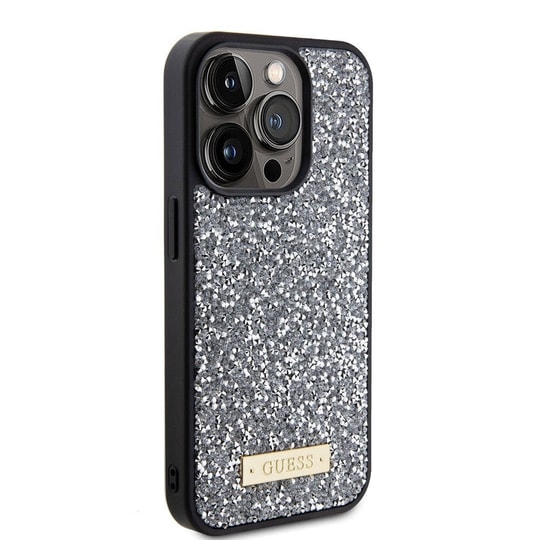 Apple iPhone 15 Pro Kılıf Guess Orjinal Lisanslı Taşlı Arka Yüzey Metal Yazı Logolu Kapak