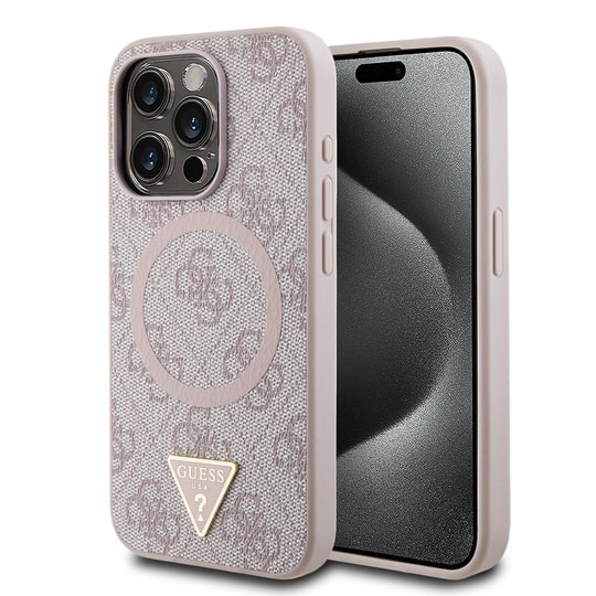 Apple iPhone 15 Pro Kılıf Guess Orjinal Lisanslı M-safe Şarj Özellikli PU Üçgen Logo 4G Desenli Kapak