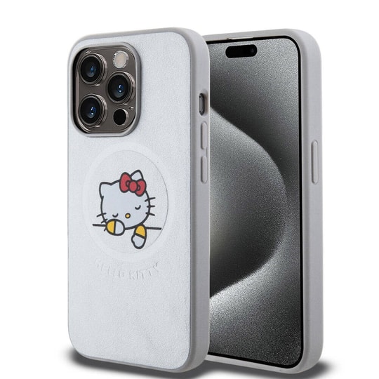 Apple iPhone 15 Pro Kılıf Hello Kitty Orjinal Lisanslı M-safe Şarj Özellikli Baskı Logolu Uyuyan Kitty Deri Kapak