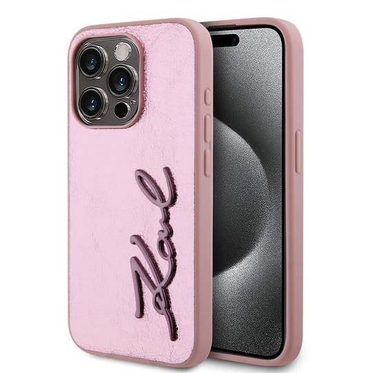 Apple iPhone 15 Pro Kılıf Karl Lagerfeld Orjinal Lisanslı 3D KL Yazılı Tüylü Arka Yüzey Saffiano Rhinestones Kapak