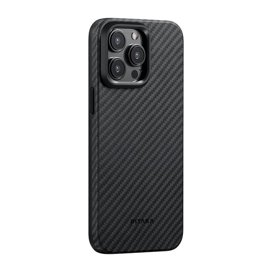 Apple iPhone 15 Pro Kılıf Magsafe Şarj Özellikli 1500D Aramid Fiber Pitaka Military-Grade Classic Serisi Black-Grey Twill Kapak