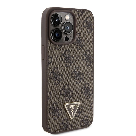 Apple iPhone 15 Pro Max Kılıf Guess Orjinal Lisanslı PU Deri Askılı Taşlı Üçgen Logo 4G Desenli Strass Crossbody Kapak
