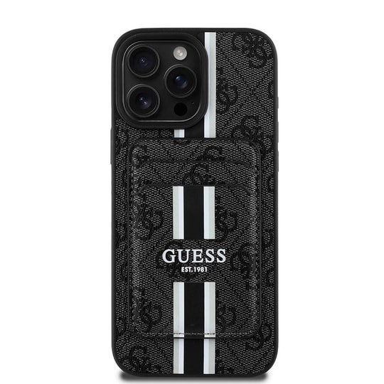 Apple iPhone 15 Pro Max Kılıf Guess Orjinal Lisanslı M-safe Şarj Özellikli 4G Desenli Çizgili Kartlıklı Kapak