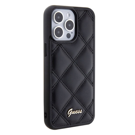 Apple iPhone 15 Pro Max Kılıf Guess Orjinal Lisanslı PU Deri Metal Yazı Logolu Kapitone Kapak