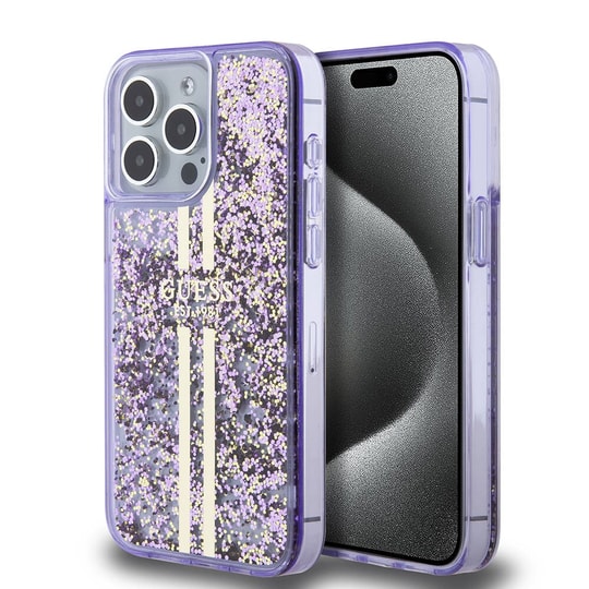Apple iPhone 15 Pro Max Kılıf Guess Orjinal Lisanslı Transparan Sıvılı Simli Altın Çizgili Kapak