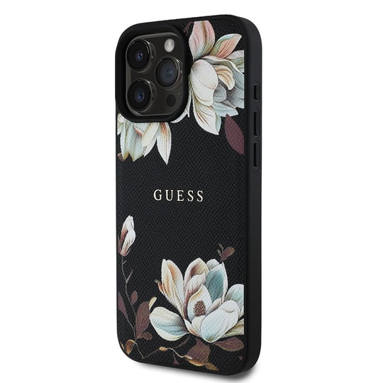 Apple iPhone 15 Pro Max Kılıf Guess Orjinal Lisanslı Magsafe Şarj Özellikli Taneli Çiçek Tasarımlı Metal Yazı Logolu Kapak