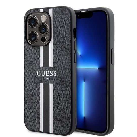 Apple iPhone 15 Pro Max Kılıf Guess Orjinal Lisanslı M-safe Şarj Özellikli 4G Şerit Tasarımlı Printed Kapak