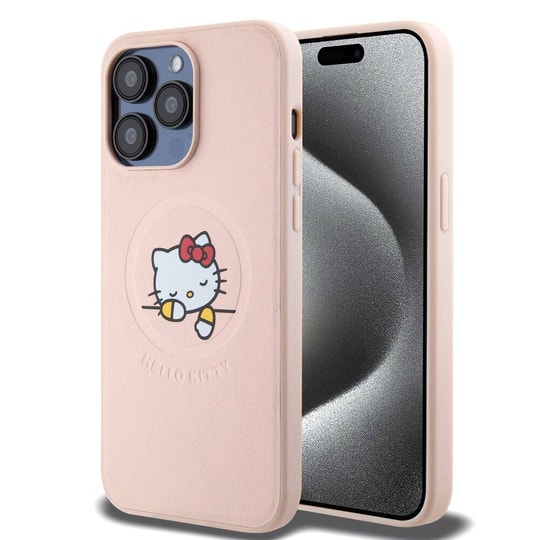 Apple iPhone 15 Pro Max Kılıf Hello Kitty Orjinal Lisanslı M-safe Şarj Özellikli Baskı Logolu Uyuyan Kitty Deri Kapak
