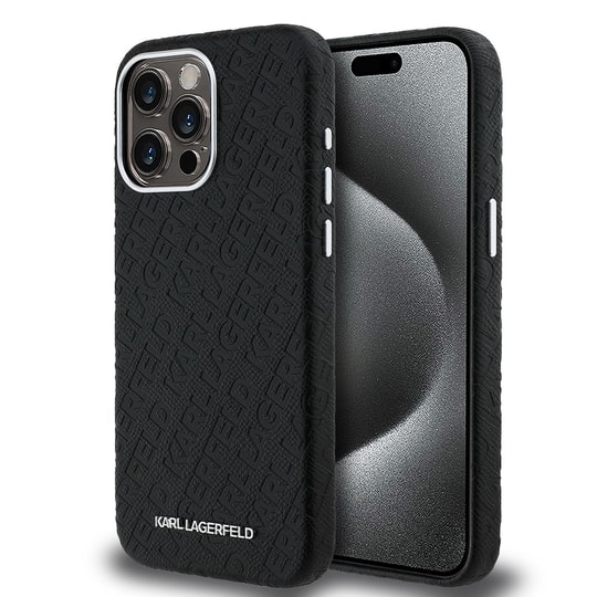 Apple iPhone 15 Pro Max Kılıf Karl Lagerfeld Orjinal Lisanslı PU Deri Damgalı Metal Yazı Logolu Kapak