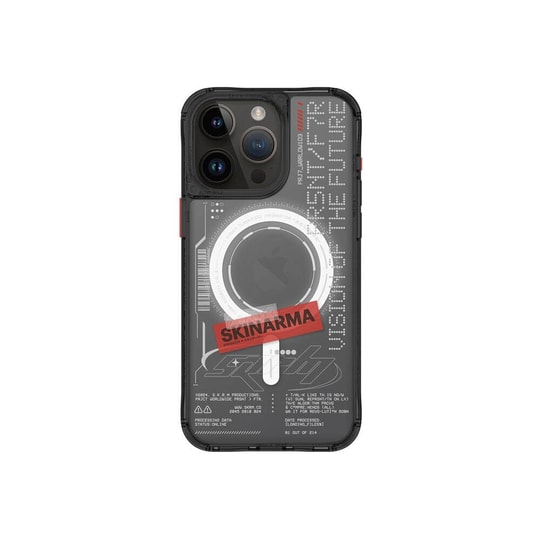 Apple iPhone 15 Pro Max Kılıf SkinArma M-safe Şarj Özellikli Yazı Desenli Airbag Tasarımlı Orion Kapak