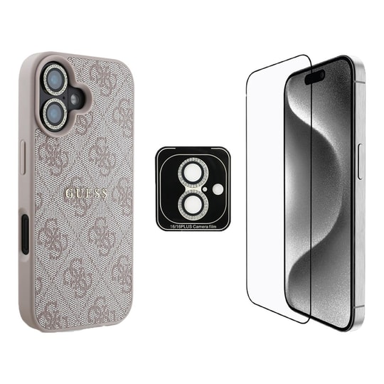 Apple iPhone 16 Guess Orjinal Lisanslı Kılıf + Ekran Koruyucu + Lens Koruyucu 3in1 Aksesuar Seti