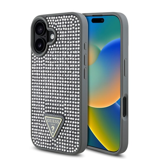 Apple iPhone 16 Kılıf Guess Orjinal Lisanslı Taşlı Arka Yüzey Üçgen Logolu Kapak