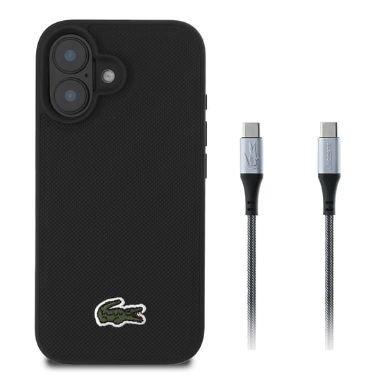 Apple iPhone 16 Kılıf Lacoste Orjinal Lisanslı PU Pike Desenli Arka Yüzey İkonik Timsah Dokuma Logolu Kapak + Type-C Kablo 1.5m