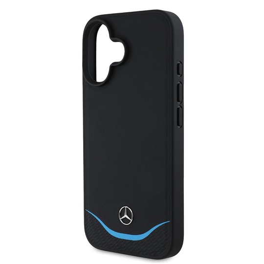 Apple iPhone 16 Kılıf Mercedes Benz Orjinal Lisanslı Magsafe Şarj Özellikli 3D Metal Logolu Mavi Yatay Eğri Çizgili Deri Kapak