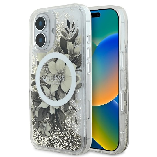 Apple iPhone 16 Plus Kılıf Guess Orjinal Lisanslı M-safe Şarj Özellikli Sıvılı Simli Çiçek Desenli Kapak