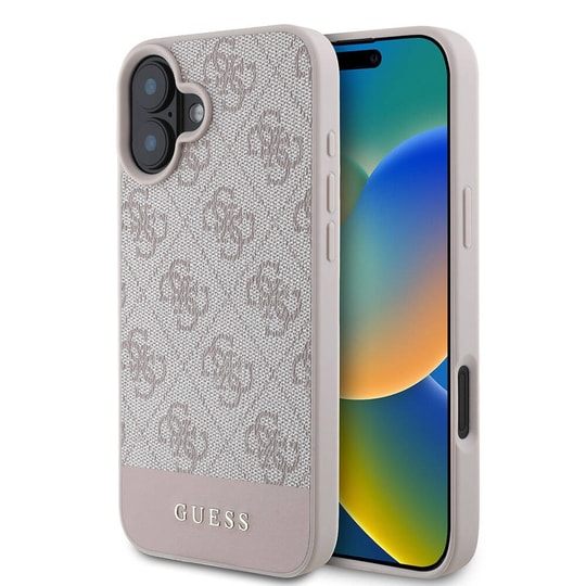 Apple iPhone 16 Plus Kılıf Guess Orjinal Lisanslı M-safe Şarj Özellikli PU Deri Şerit Logo Dizaynlı Kapak