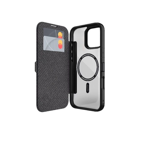 Apple iPhone 16 Plus Kılıf M-safe Şarj Özellikli Vegan Deri Tasarımlı Şeffaf Arka Yüzey Kartlıklı Raptic Urban Folio Serisi Kapak