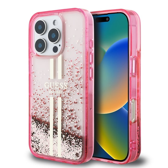 Apple iPhone 16 Pro Kılıf Guess Orjinal Lisanslı Transparan Sıvılı Simli Altın Çizgili Kapak