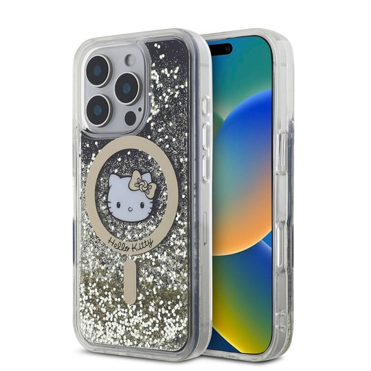 Apple iPhone 16 Pro Kılıf Hello Kitty Orjinal Lisanslı M-safe Şarj Özellikli IML Baskı Kitty Head Logolu Sıvılı Simli Altın Ateşi Kapak
