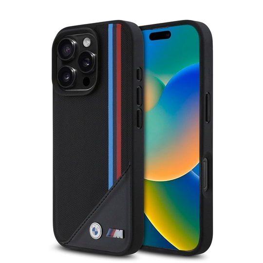 Apple iPhone 16 Pro Max Kılıf BMW Orjinal Lisanslı M-safe Şarj Özellikli M Logolu Üç Çizgili Dikiş Detaylı Meshed Tricolor Stripes Kapak