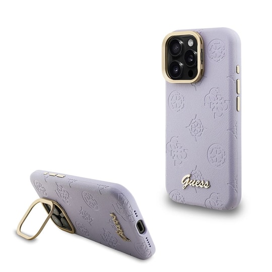 Apple iPhone 16 Pro Max Kılıf Guess Orjinal Lisanslı M-safe Şarj Özellikli Sıcak Baskılı Yazı Logolu Kamera Standlı PU Deri Peony Kapak