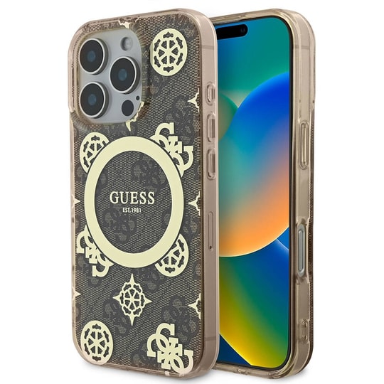 Apple iPhone 16 Pro Max Kılıf Guess Orjinal Lisanslı M-safe Şarj Özellikli IML Peony ve 4G Desenli Klasik Logolu Kapak