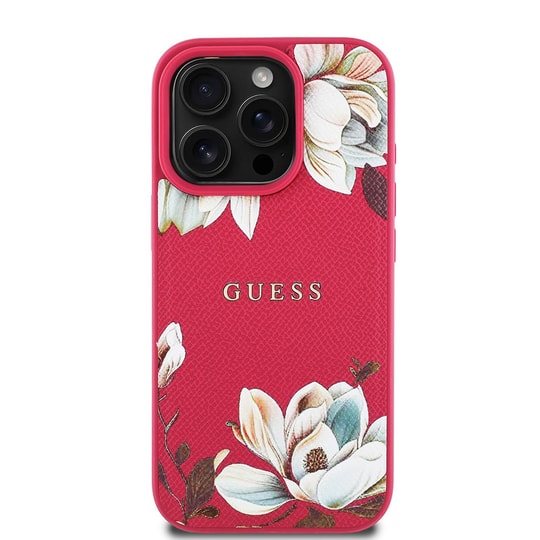 Apple iPhone 16 Pro Max Kılıf Guess Orjinal Lisanslı M-safe Şarj Özellikli Taneli Çiçek Tasarımlı Metal Yazı Logolu Kapak