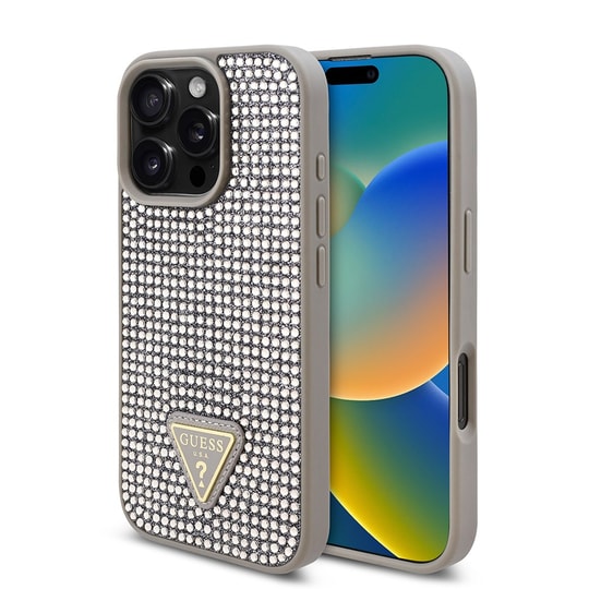 Apple iPhone 16 Pro Max Kılıf Guess Orjinal Lisanslı Taşlı Arka Yüzey Üçgen Logolu Kapak