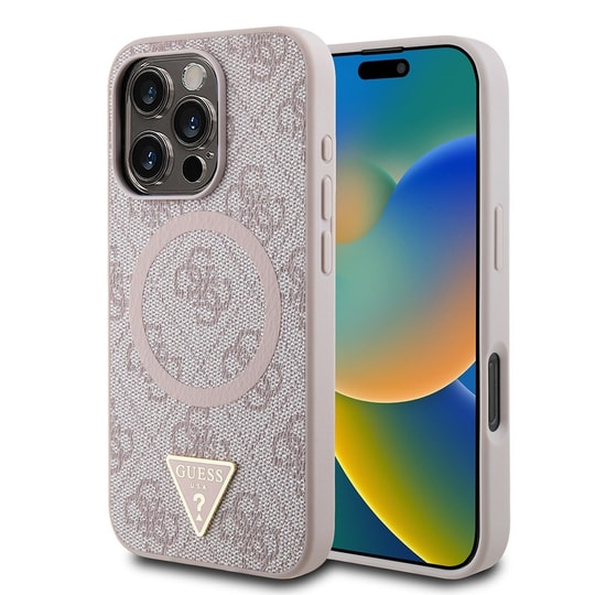 Apple iPhone 16 Pro Max Kılıf Guess Orjinal Lisanslı M-safe Şarj Özellikli PU Üçgen Logo 4G Desenli Kapak