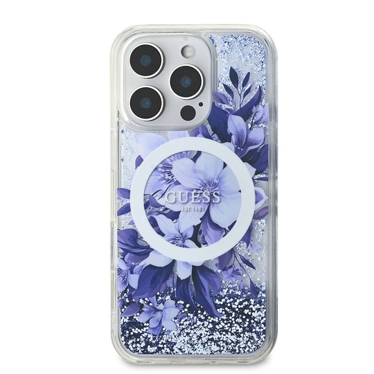 Apple iPhone 16 Pro Max Kılıf Guess Orjinal Lisanslı M-safe Şarj Özellikli Sıvılı Simli Çiçek Desenli Kapak