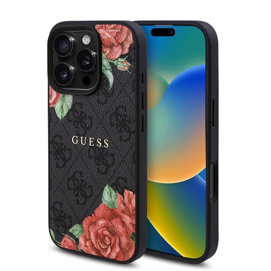 Apple iPhone 16 Pro Max Kılıf Guess Orjinal Lisanslı M-safe Şarj Özellikli Gül Baskılı 4G Desenli Yazı Logolu Kapak