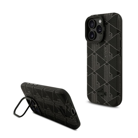 Apple iPhone 16 Pro Max Kılıf Lacoste Orjinal Lisanslı M-safe Şarj Özellikli Standlı PU Deri Karışık Monogram Desenli Kapak
