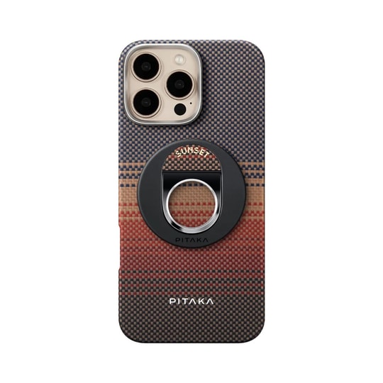 Apple iPhone 16 Pro Max Kılıf M-safe Şarj Özellikli Grip 3 Standlı Aramid Fiber Pitaka Tactile Woven Sunset-Moonrise Serisi Sunset Kapak