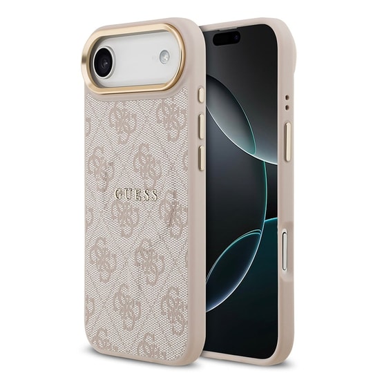 Apple iPhone 17 Air Kılıf Guess Orjinal Lisanslı M-safe Şarj Özellikli Gold Metal Kamera Çerçeveli PU Deri 4G Desenli Yazı Logolu Kapak