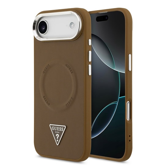 Apple iPhone 17 Air Kılıf Guess Orjinal Lisanslı M-safe Şarj Özellikli PU Deri Metal Kamera Çerçeveli Üçgen Logolu Kapak