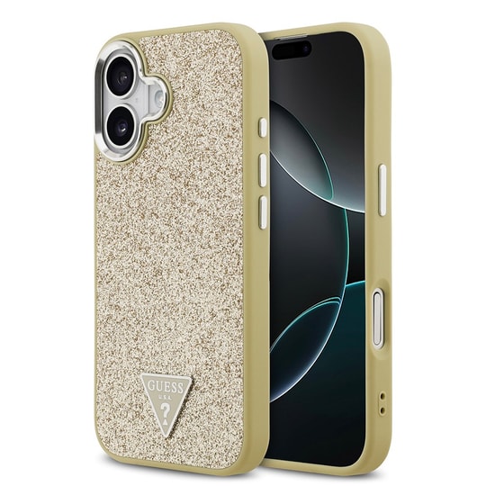 Apple iPhone 17 Kılıf Guess Orjinal Lisanslı M-safe Şarj Özellikli Metal Kamera Çerçeveli Üçgen Logolu Glitter Kapak