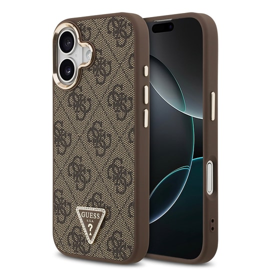 Apple iPhone 17 Kılıf Guess Orjinal Lisanslı M-safe Şarj Özellikli Gold Metal Kamera Çerçeveli Taşlı Üçgen Logo 4G Desenli Kapak