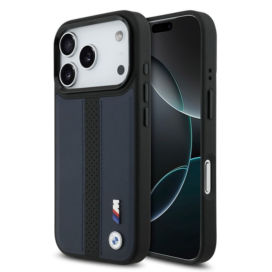 Apple iPhone 17 Pro Kılıf BMW Orjinal Lisanslı M-safe Şarj Özellikli Deri Arka Yüzey Metal Logolu Delikli Şerit Tasarımlı Kapak